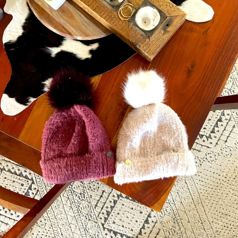 Express beanies with poof, white and dark pink. Adorable for winter! Rarely worn